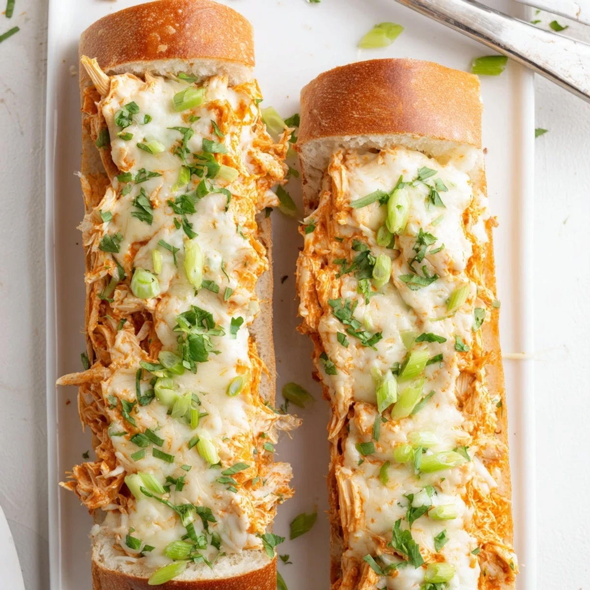 Cheesy Buffalo Chicken Stuffed French Bread served warm on a wooden board, perfect for game day or family dinner with celery sticks.