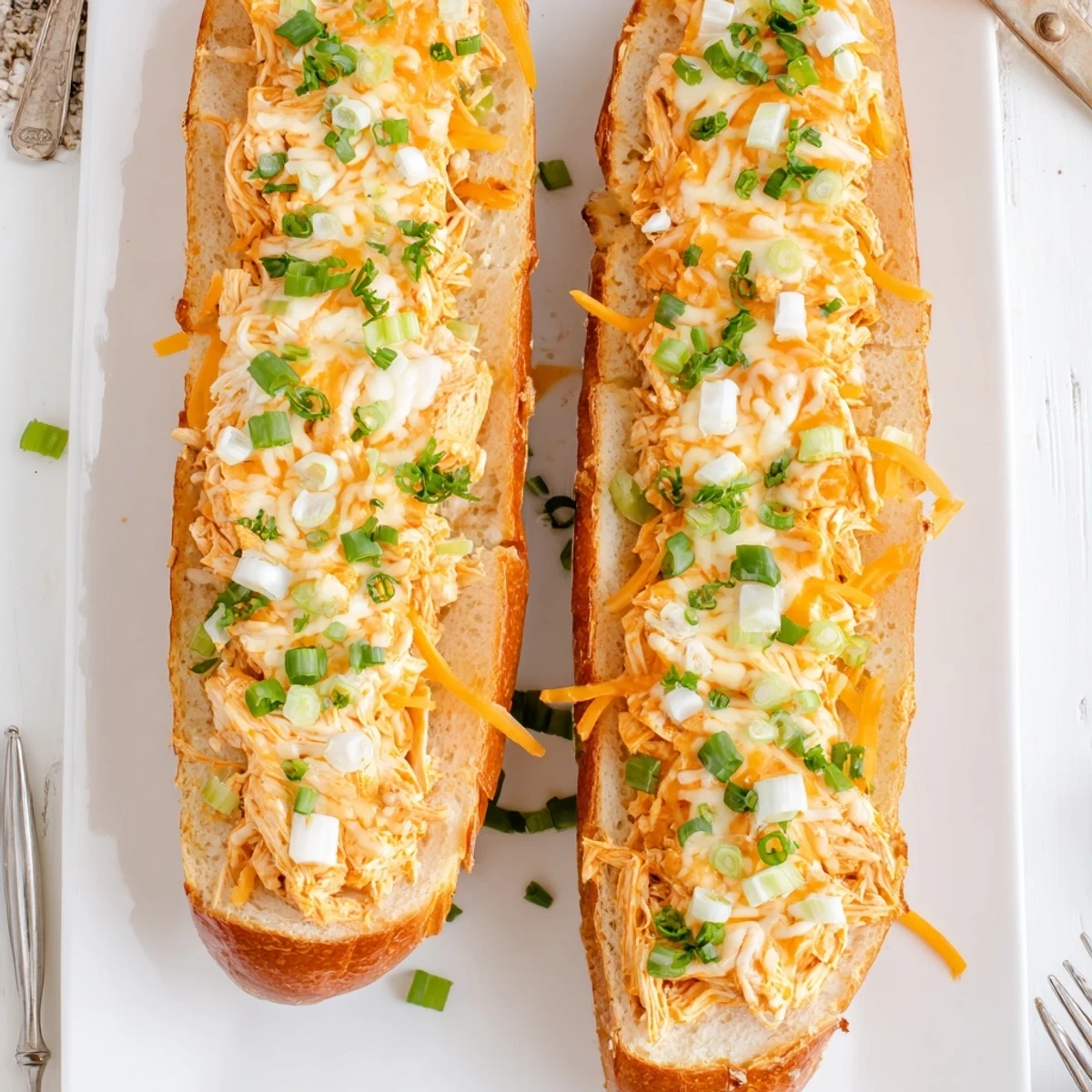 Sliced Cheesy Buffalo Chicken Stuffed French Bread reveals creamy filling with herbs, ready to be dipped in cool ranch or blue cheese dressing.