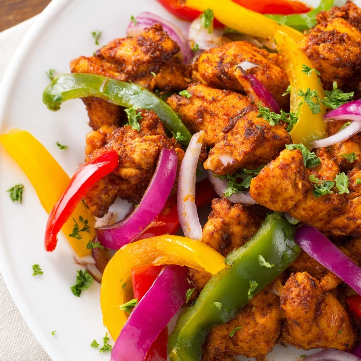 Sizzling Cajun Chicken Bell Peppers Spicy Delight in a hot skillet, loaded with tender chicken and vibrant bell peppers.