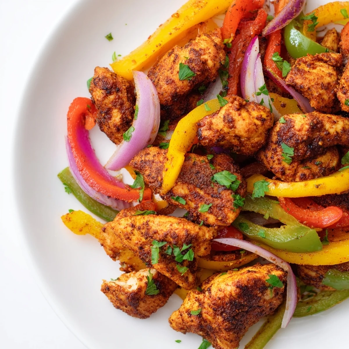 A close-up of Cajun Chicken Bell Peppers Spicy Delight garnished with fresh parsley and bright lemon wedges.