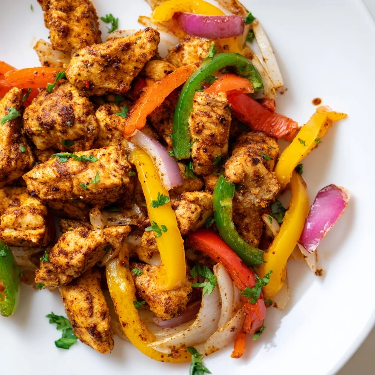 Hearty plate of Cajun Chicken Bell Peppers Spicy Delight served over fluffy rice, steam rising from the colorful mix.