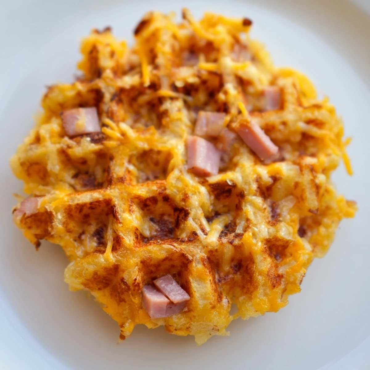A close-up of golden-brown Ham and Cheese Chaffles with melted cheddar oozing from the crispy edges, served on a rustic wooden board.  