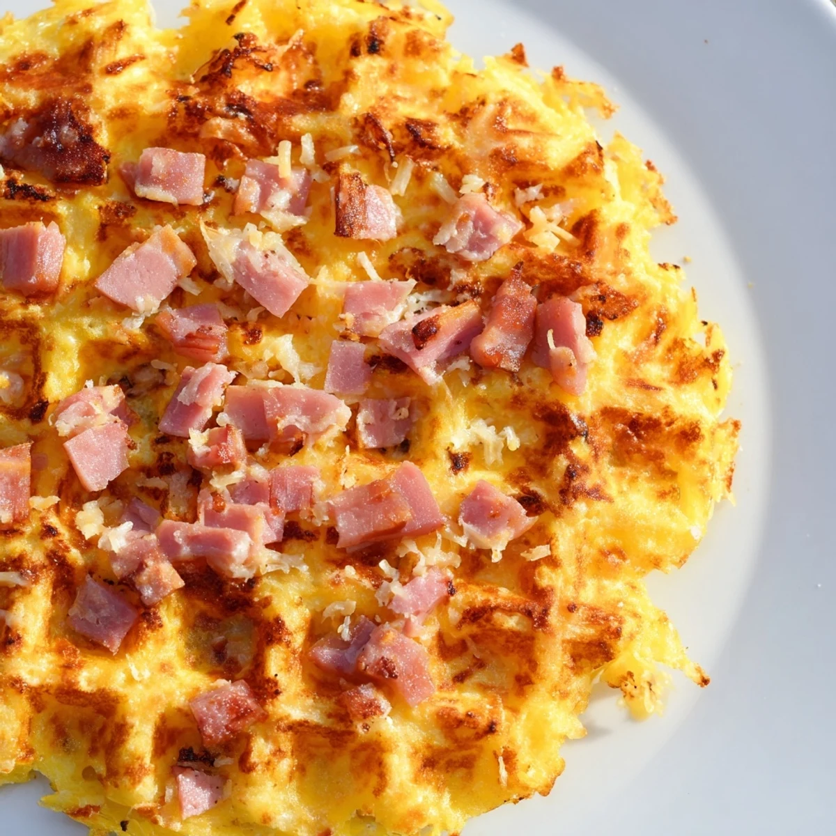 This image shows two Ham and Cheese Chaffles stacked on a white plate, garnished with fresh chives and a side of sour cream.  