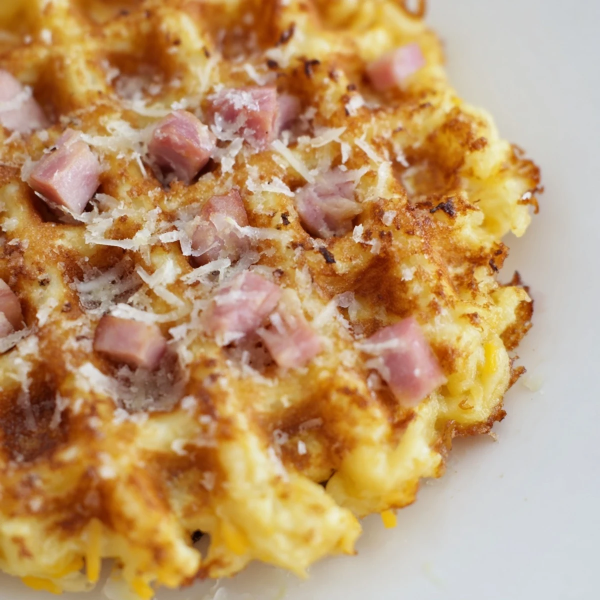 A bright overhead shot of a freshly cooked Ham and Cheese Chaffle revealing fluffy interior and crispy texture on a marble countertop.
