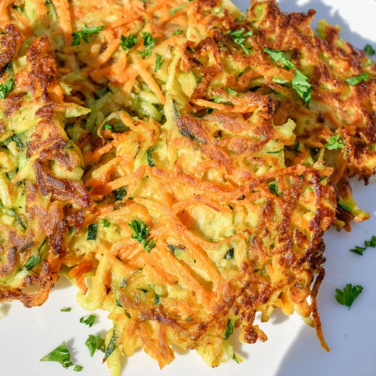 Golden-brown Crispy Easy Zucchini Fritters served hot with creamy tzatziki on a plate.