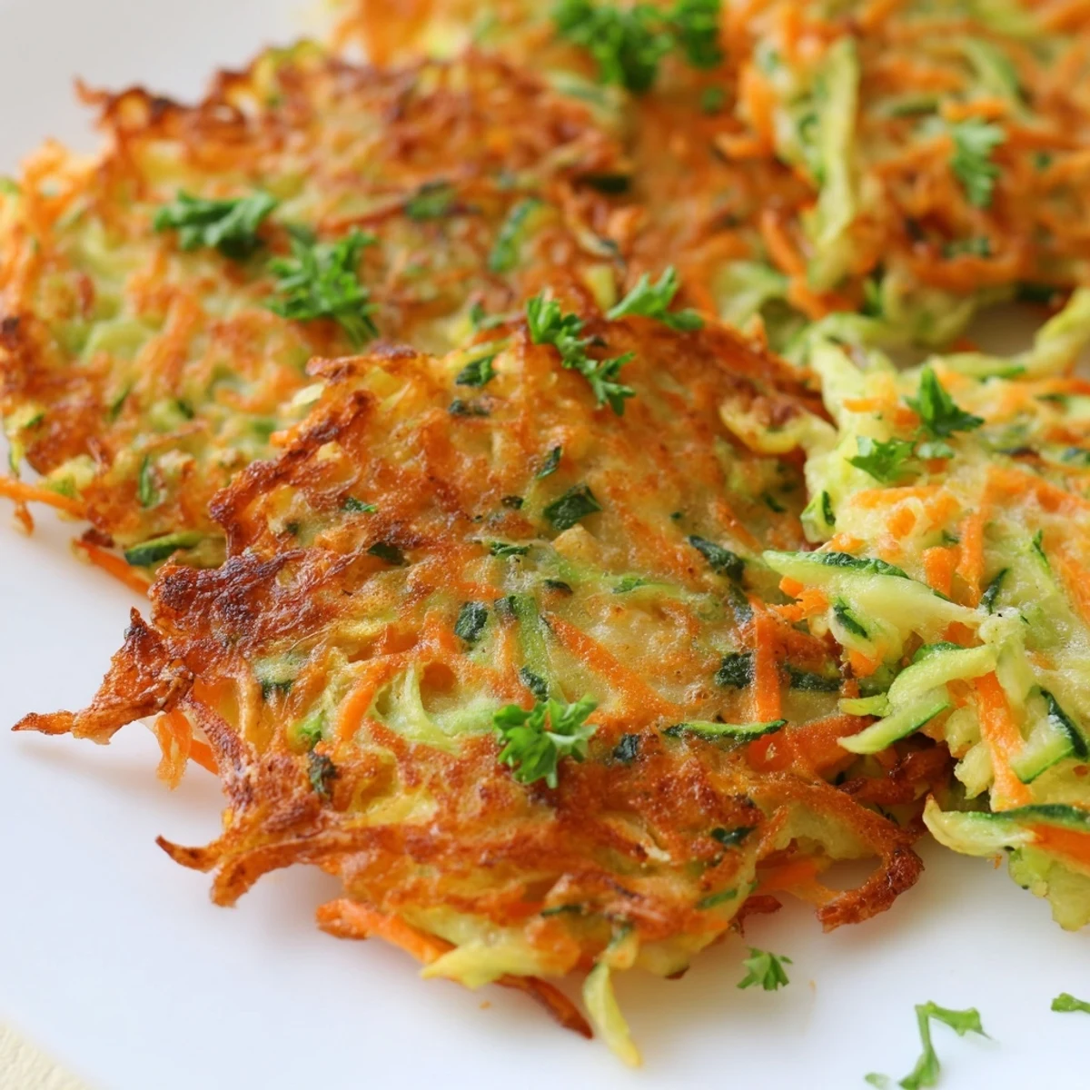 Four vegetarian Crispy Easy Zucchini Fritters arranged on a wooden board with fresh herbs.