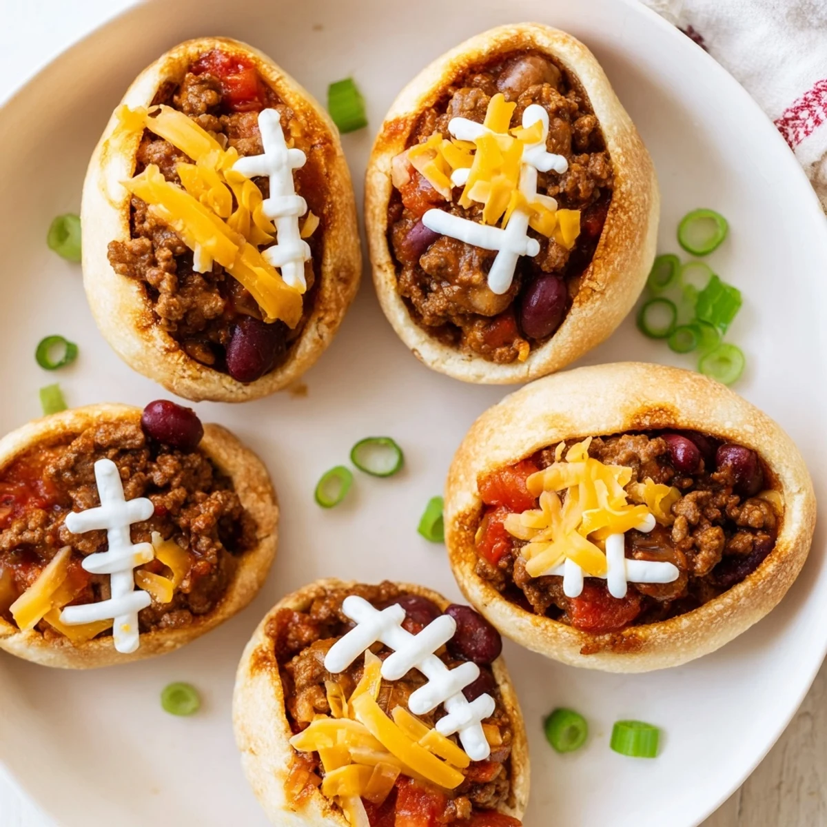 Freshly baked Mini Chili Football Bread Bowls sit on a tray, filled with steaming beef chili and topped with melted cheddar and sour cream laces for a game day snack.  