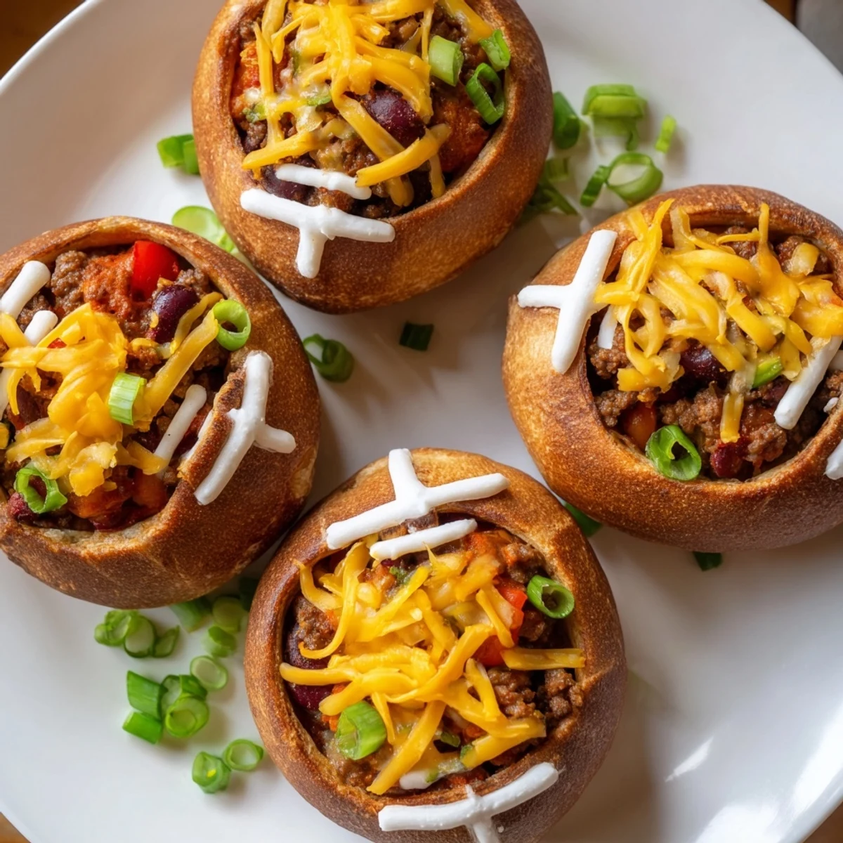 Golden Mini Chili Football Bread Bowls are displayed warm on a wooden board, with melted cheddar, a dollop of sour cream, and chopped green onions.  