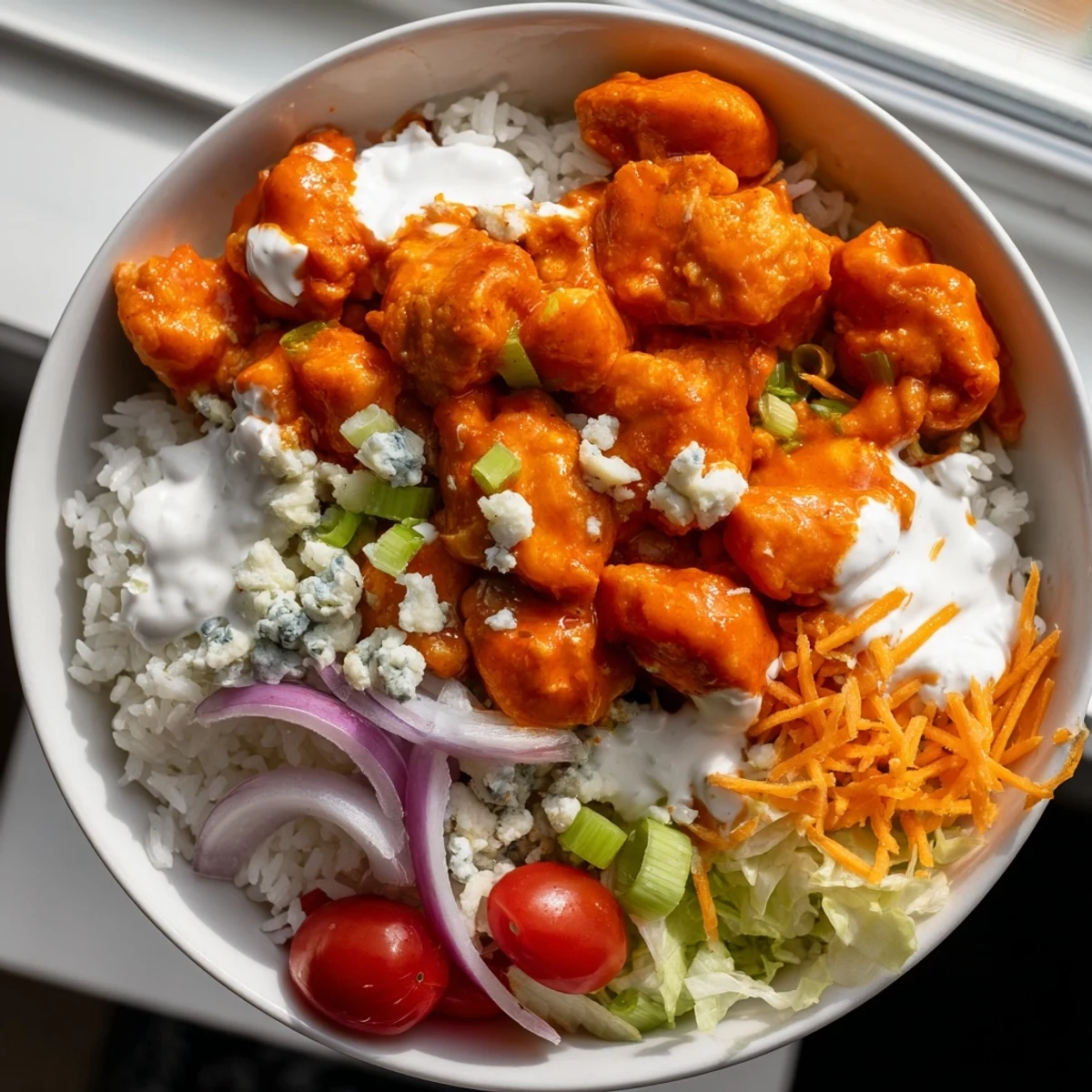 Freshly cooked buffalo chicken with shredded romaine and rice in a bowl, drizzled with creamy ranch sauce.