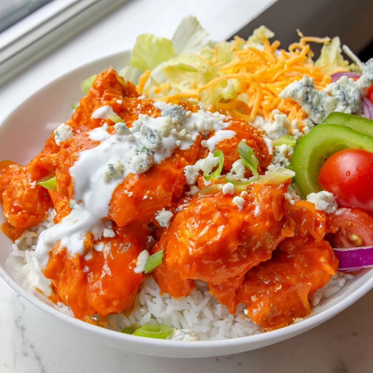 Buffalo Chicken Bowls feature spicy buffalo chicken, crisp veggies, and fluffy rice for an easy dinner.