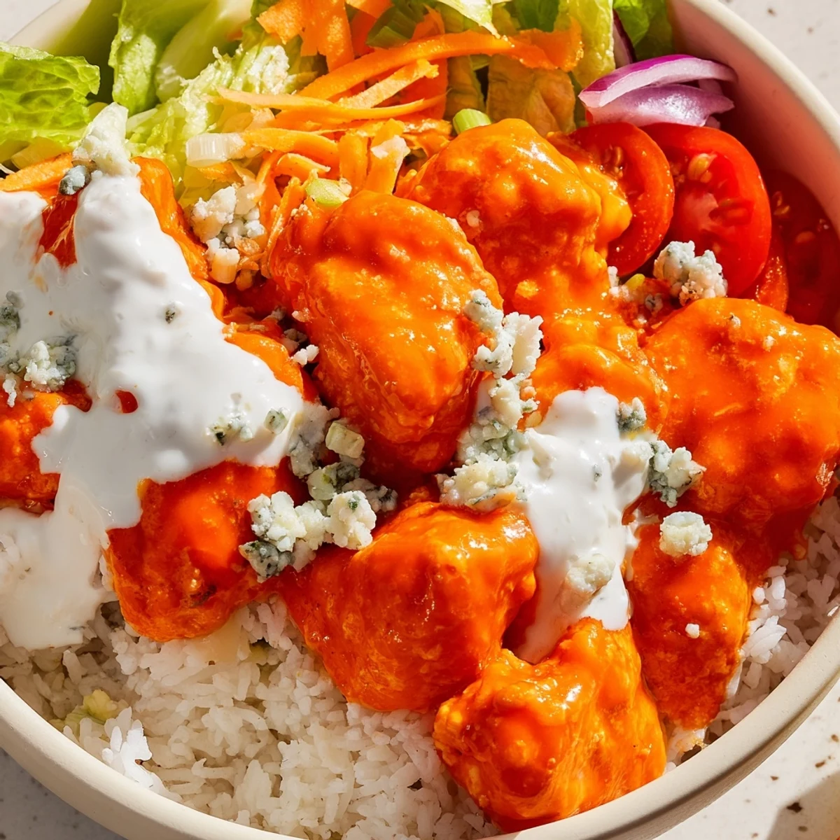 A close look at Buffalo Chicken Bowls with ranch drizzle, cherry tomatoes, and melted cheddar cheese.