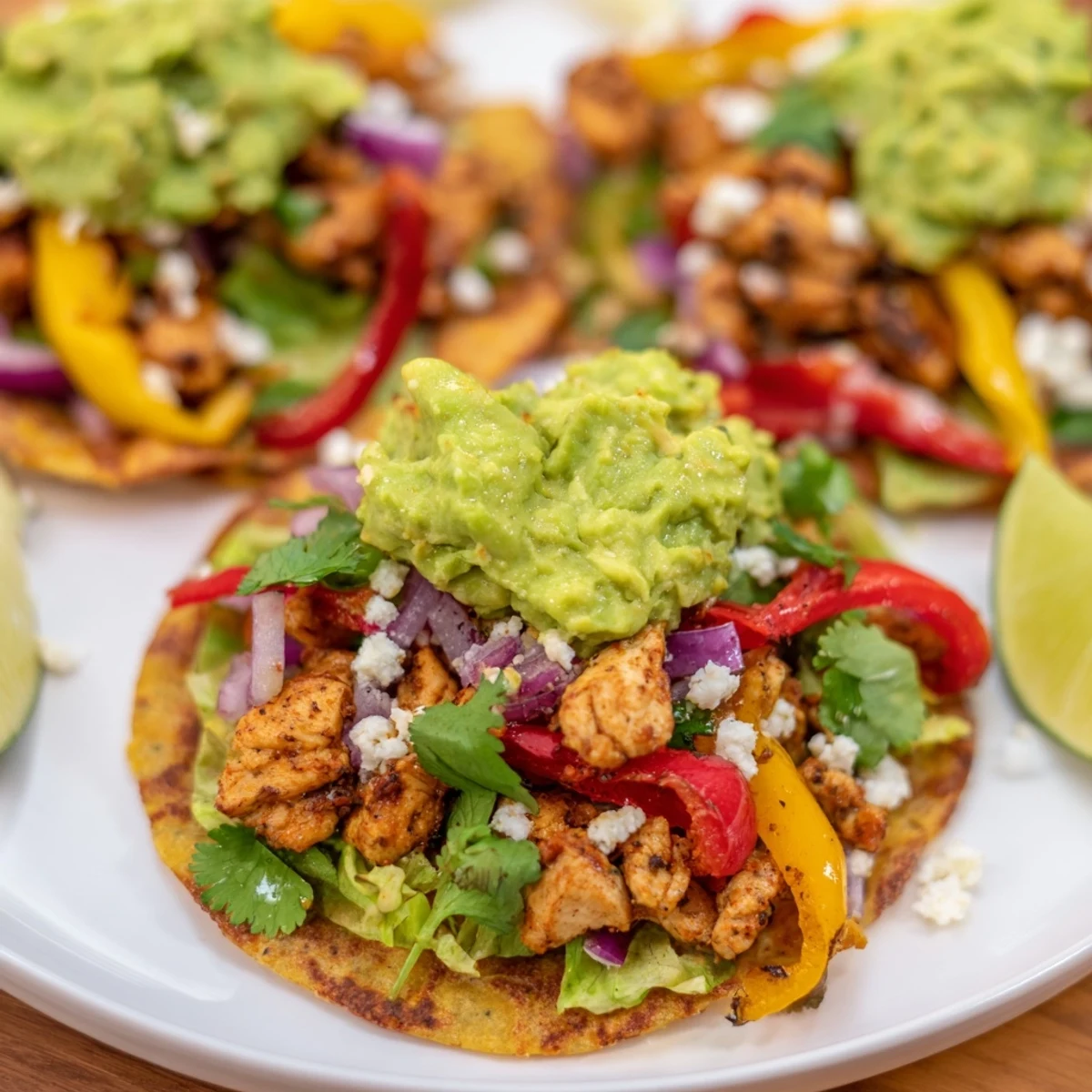 Crispy corn tostadas topped with spiced chicken, sautéed peppers, and creamy guacamole for a fresh meal.