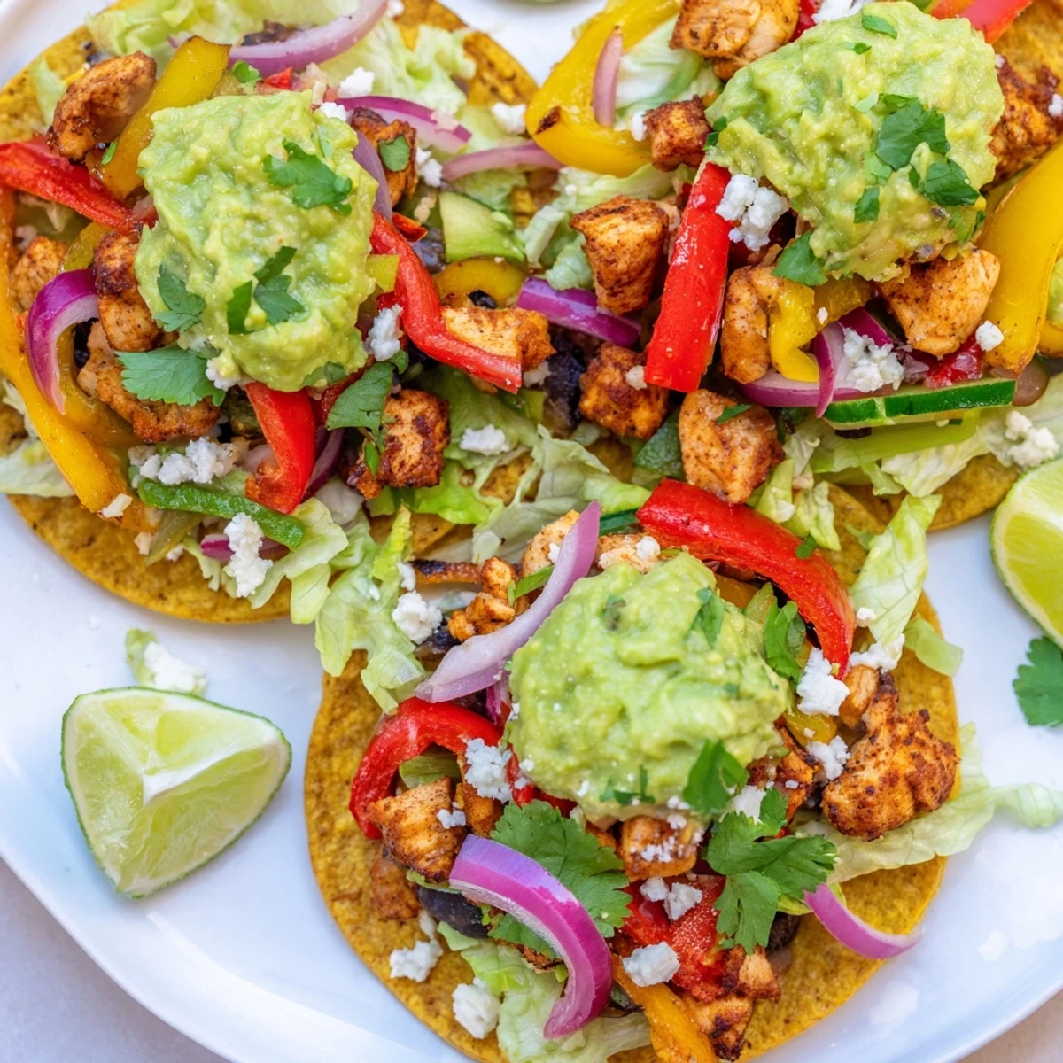 Juicy chicken and vibrant veggies sit on crunchy tostadas with dollops of homemade guacamole.