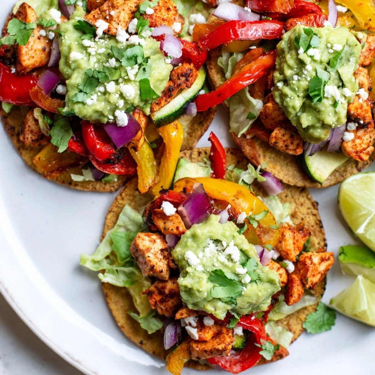 A plate of Chicken Veggie Tostadas With Guacamole offers a gluten-free, colorful dinner for four.