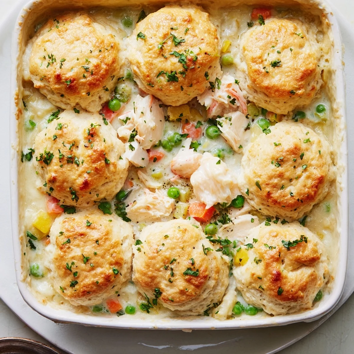 Golden, cheesy Cheddar Bay biscuit topping covers a bubbling, creamy seafood pot pie filled with shrimp, crab, and tender vegetables, served in a rustic baking dish.
