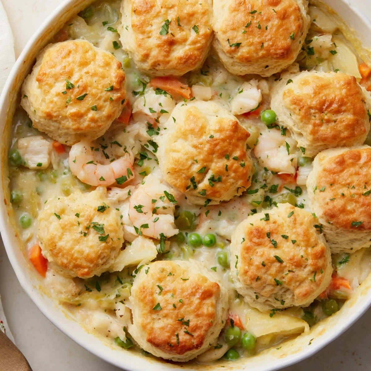 This hearty seafood pot pie features flaky white fish and peas in a rich, savory sauce, topped with warm, herb-flecked biscuits for a comforting family dinner.