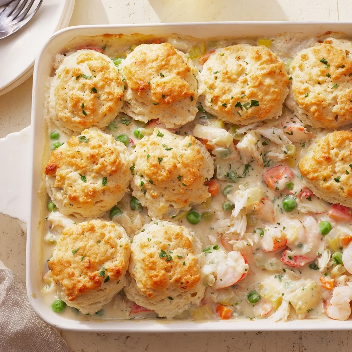 A close-up of a slice reveals succulent shrimp and lump crab meat within the creamy filling, drizzled with garlic butter and garnished with fresh parsley.