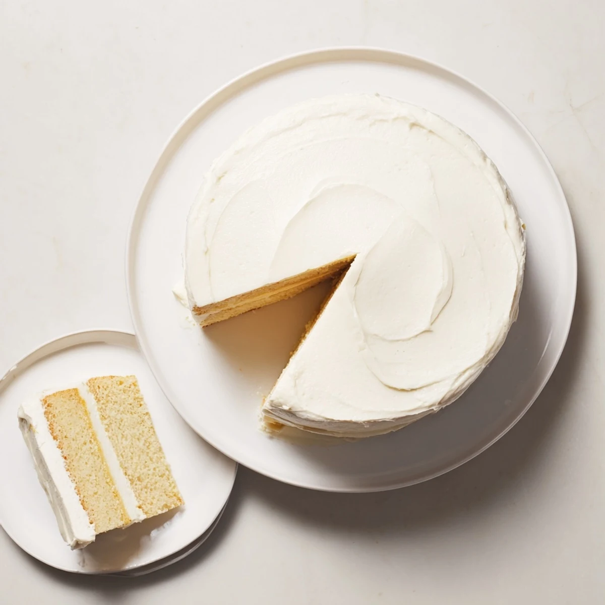 Freshly baked Perfect Vanilla Cake layers with creamy white buttercream frosting, ready to be sliced and served on a dessert plate.
