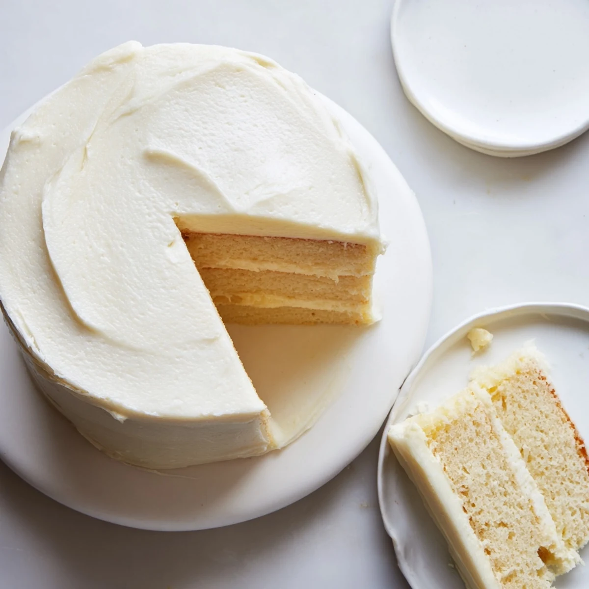 Two round slices of Perfect Vanilla Cake with smooth buttercream, sitting on a white plate near a glass of milk.