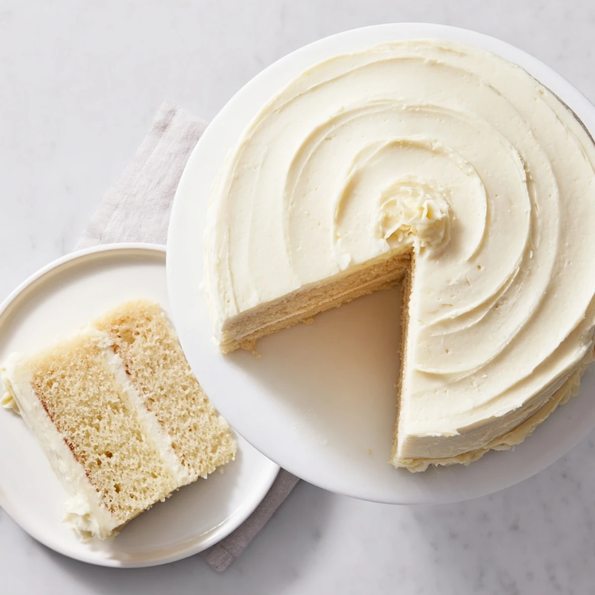 Moist and fluffy Perfect Vanilla Cake with vanilla buttercream, perfect for birthdays and sweet celebrations on a marble countertop.