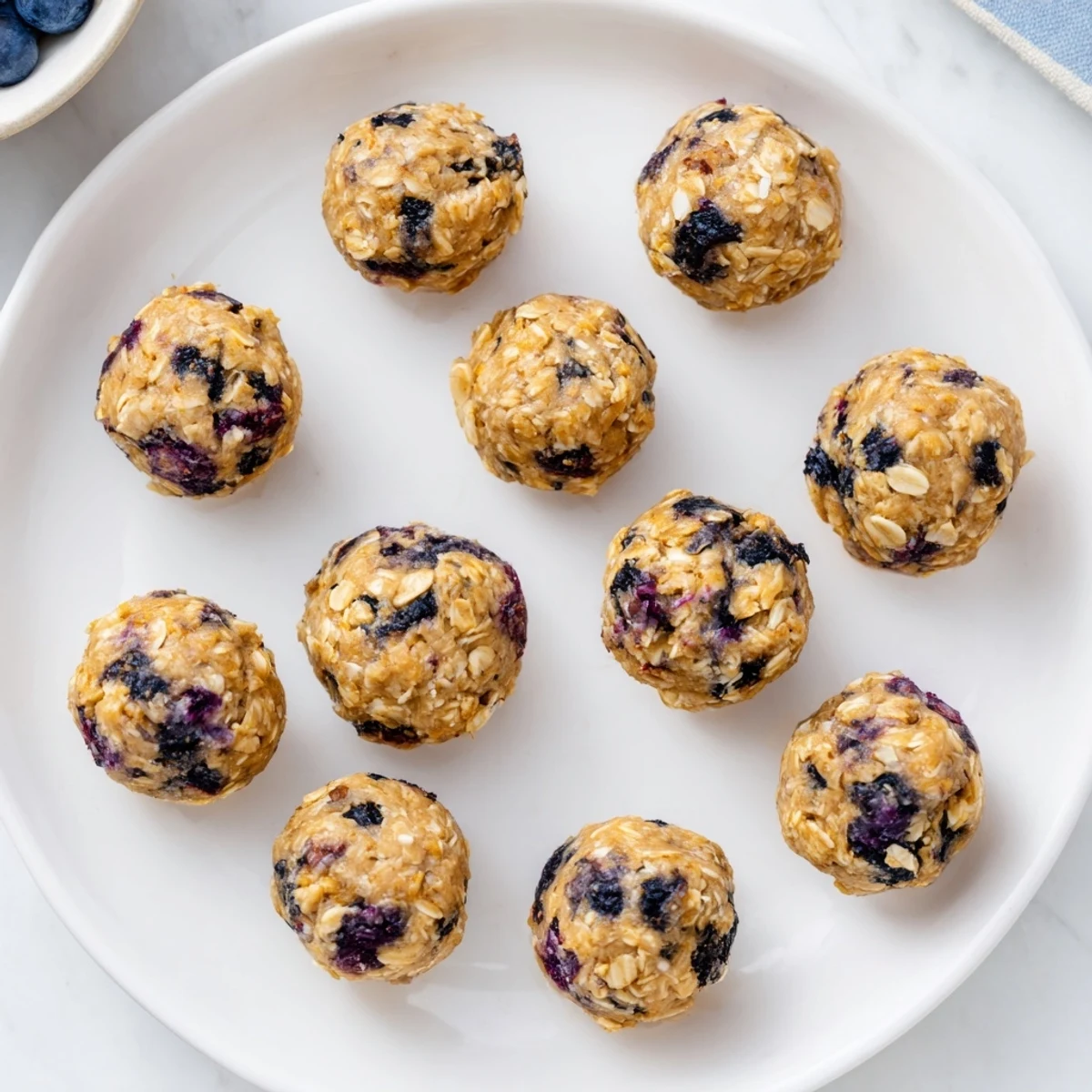 Four round, no-bake Blueberry Cheesecake Protein Bites sit on a marble surface, showing their soft texture and speckled blueberries for a healthy snack.