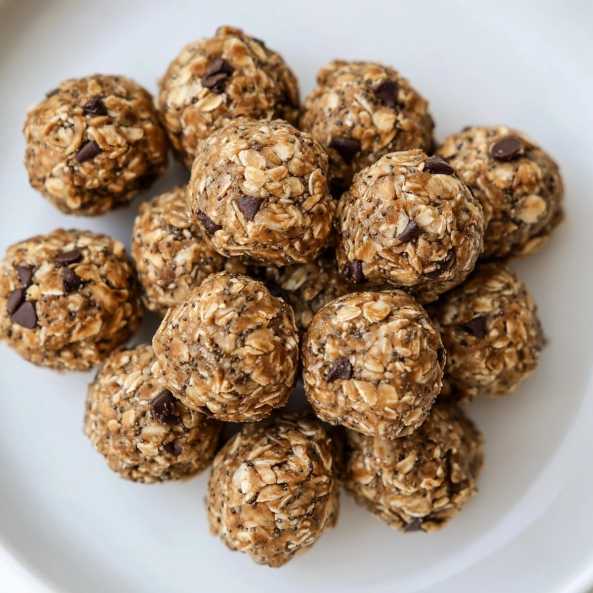 A close-up shows 12 Mint Chocolate Chip Protein Balls on a marble surface with a glass of cold almond milk.