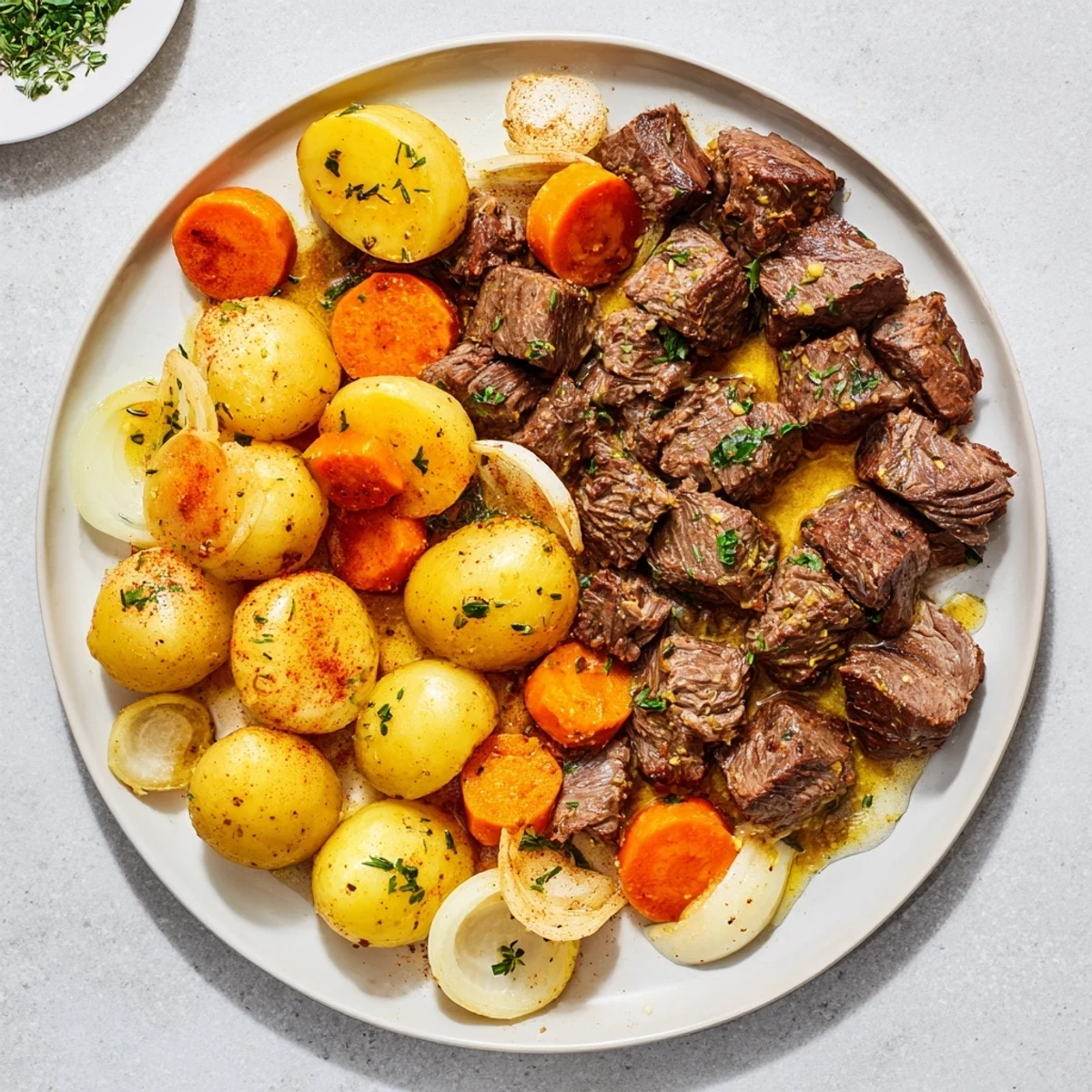 Fork-tender Slow Cooker Garlic Butter Beef With Potatoes served steaming from the slow cooker garnished with fresh parsley.