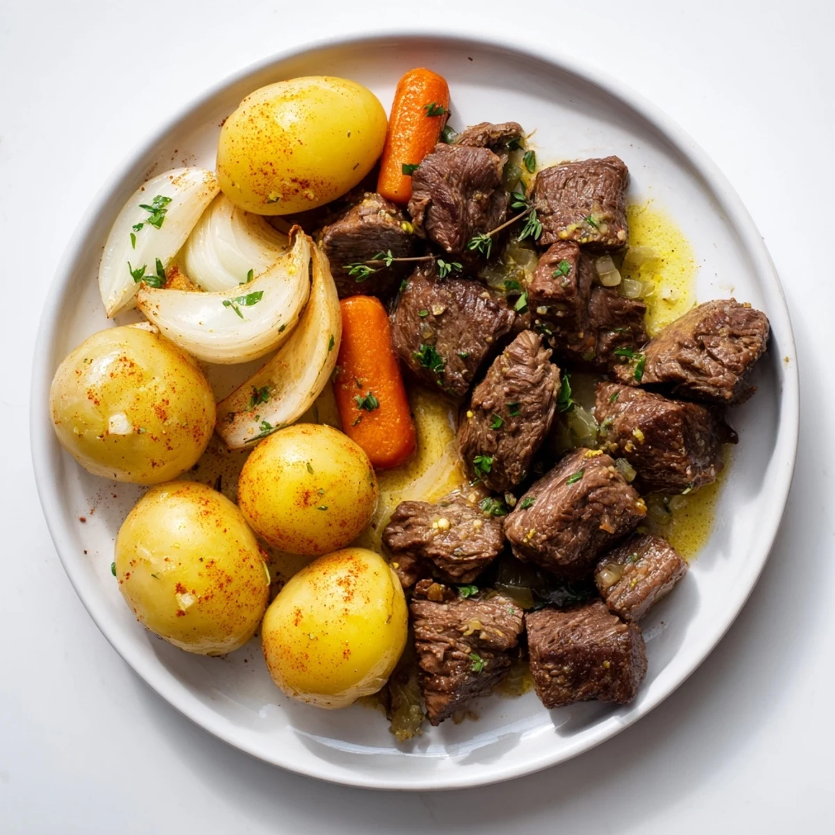 Overhead view of Slow Cooker Garlic Butter Beef With Potatoes in a ceramic pot with buttery garlic sauce.