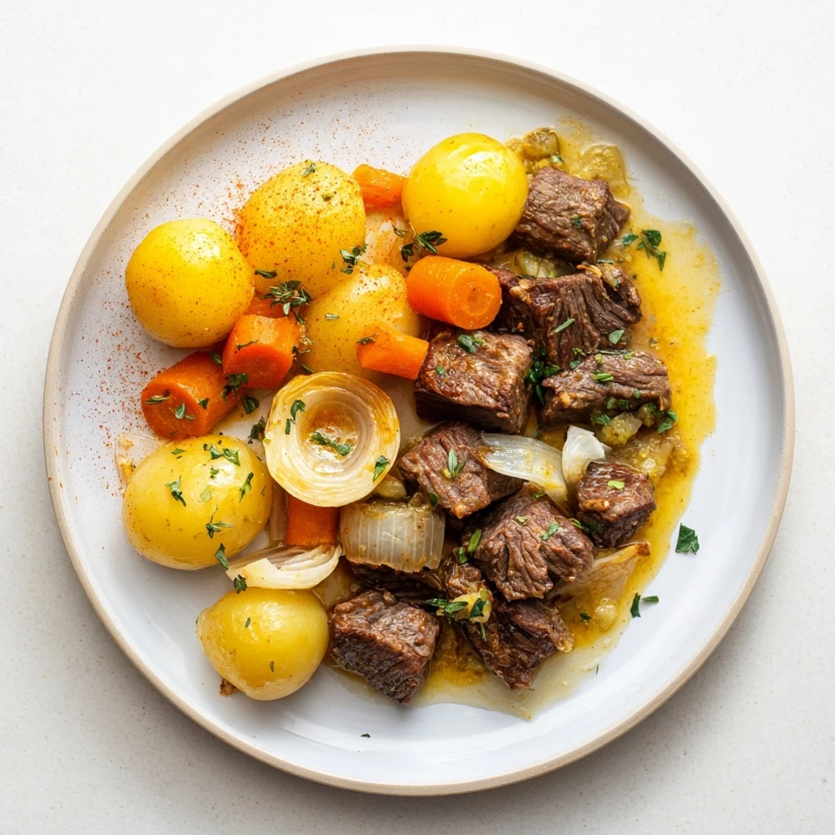 Easy Slow Cooker Garlic Butter Beef With Potatoes paired with green beans on a rustic kitchen table for dinner.