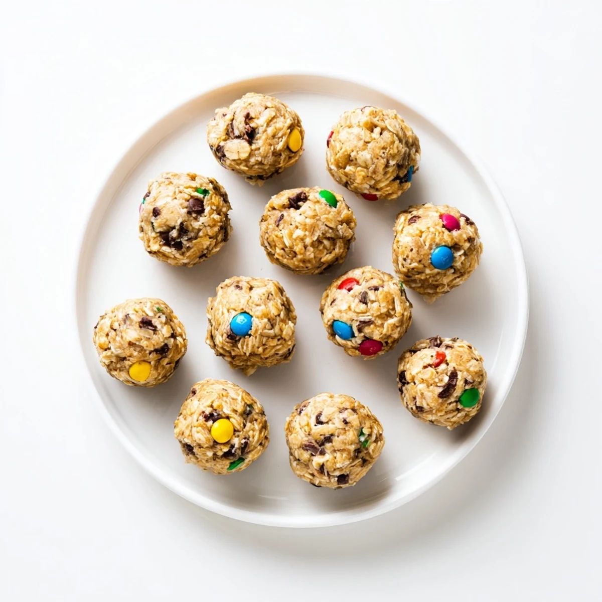 Chilled Monster Cookie Protein Balls on a parchment-lined tray with mini chocolate chips and candy-coated chocolates.