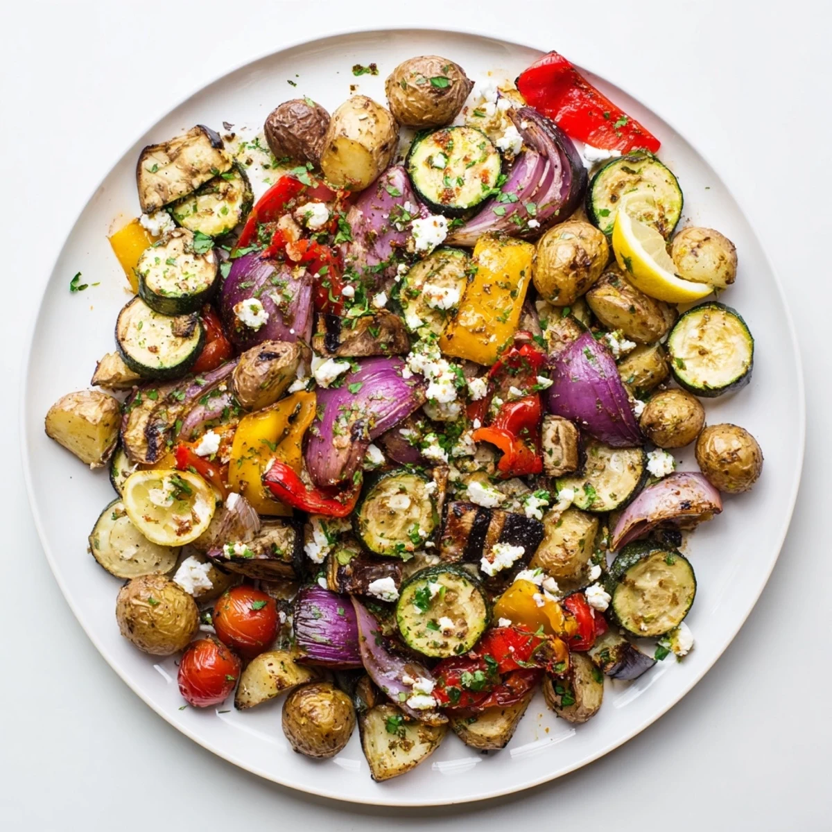 A close-up of One Pan Greek Vegetables, colorful roasted zucchini, bell peppers, and eggplant glistening with olive oil and herbs.
