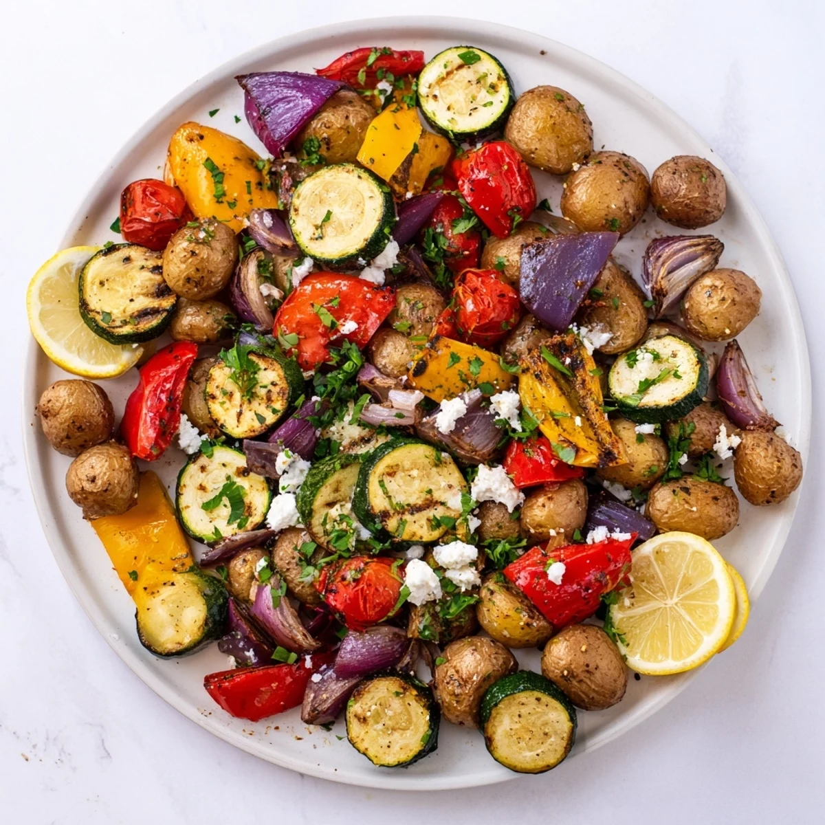 One Pan Greek Vegetables fresh from the oven, topped with crumbled feta cheese and fresh parsley on a dark serving platter.