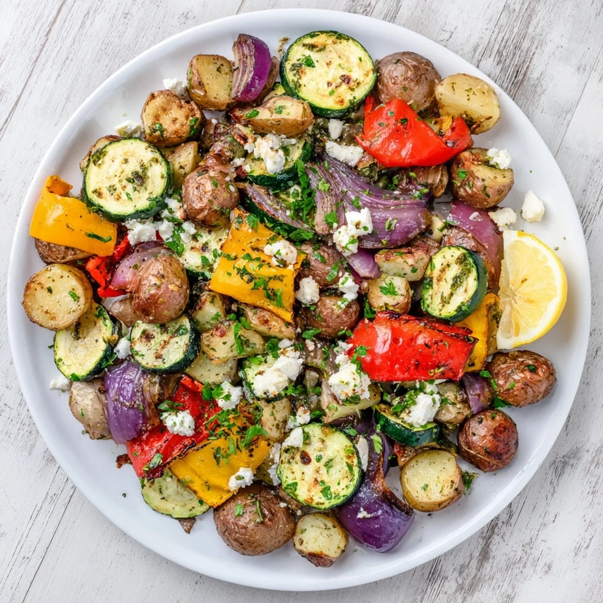 Roasted One Pan Greek Vegetables with golden edges, served warm with lemon wedges on the side and a fork ready to eat.