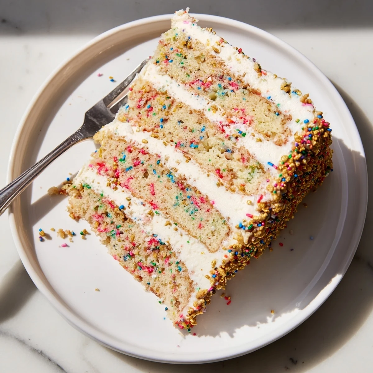Close-up of layered Milk Bar Birthday Cake with creamy frosting, crunchy crumb, and rainbow sprinkles on a serving platter.