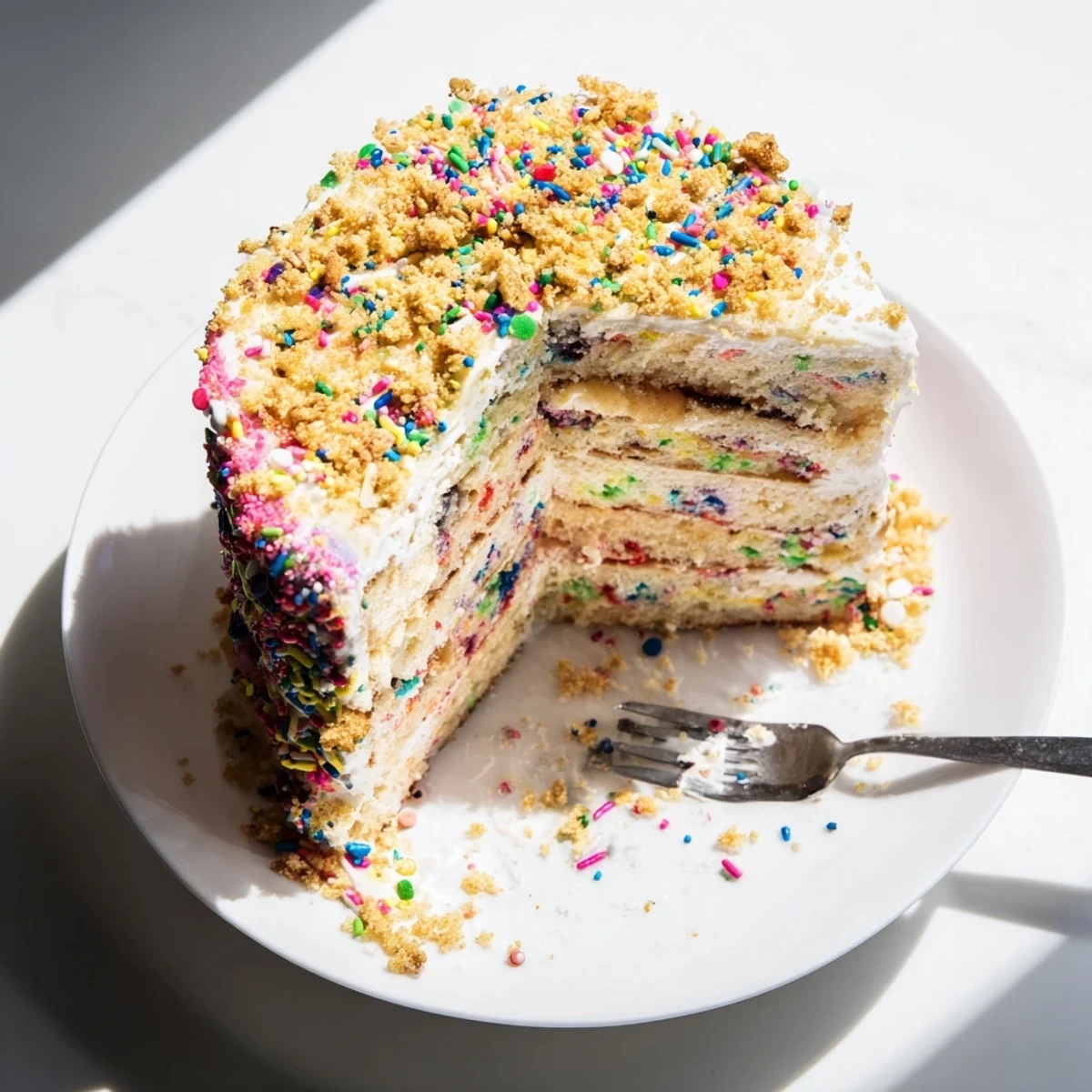 Milk Bar Birthday Cake displayed with vanilla sponge layers and cream frosting ready for a birthday celebration.