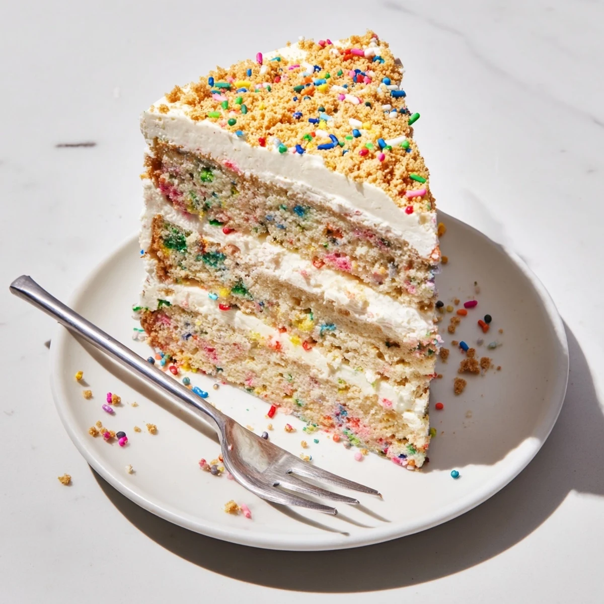 A slice of Milk Bar Birthday Cake on a plate showing moist layers and colorful sprinkles for serving.