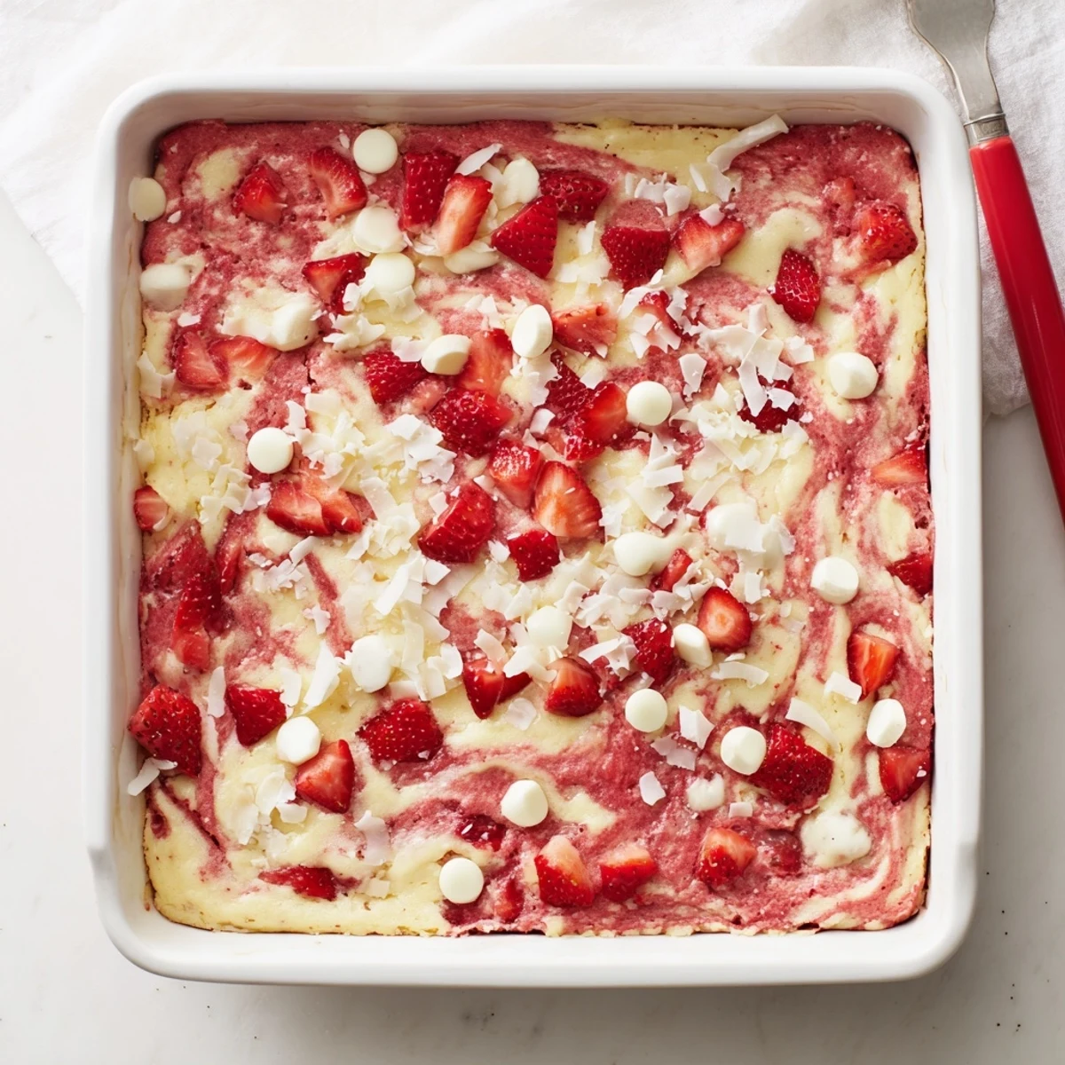 A slice of moist Strawberry Earthquake Cake with gooey cream cheese swirls and fresh berry bursts on a dessert plate.