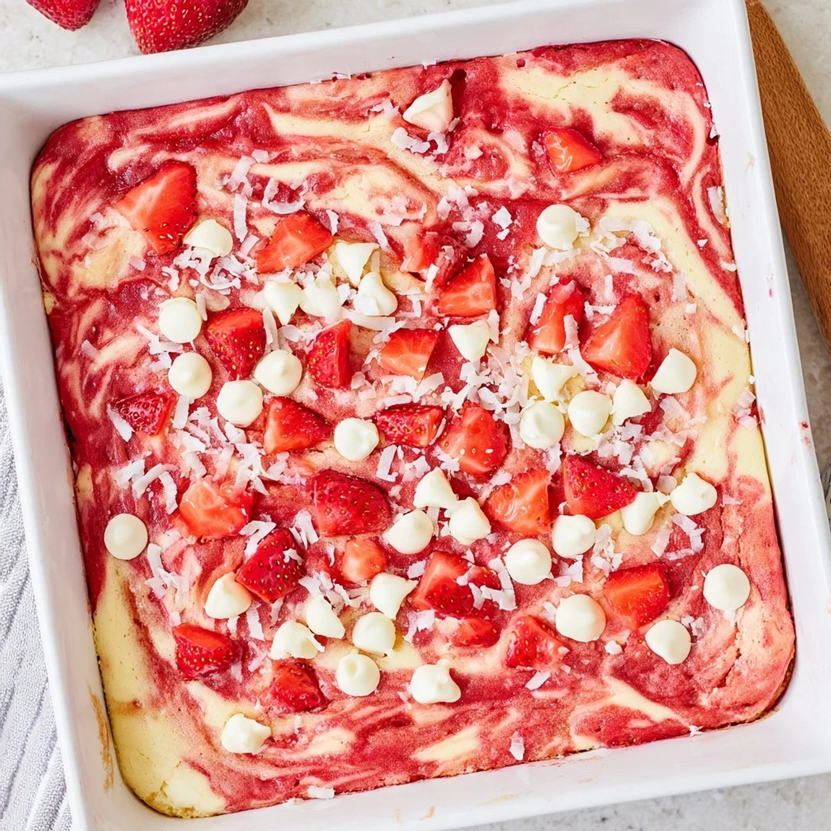 Freshly baked Strawberry Earthquake Cake showing marbled cream cheese and melted white chocolate chips inside a pan.