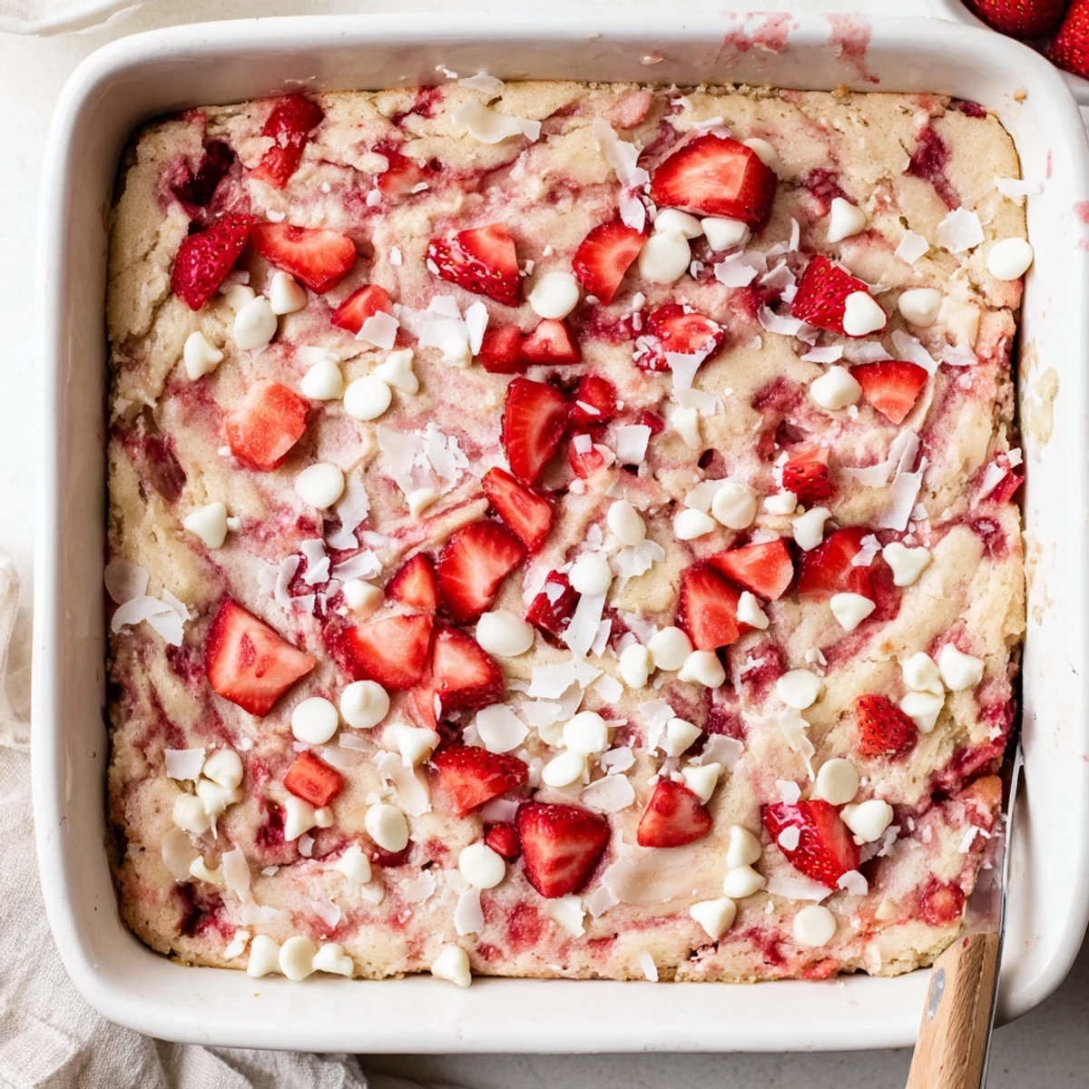 Strawberry Earthquake Cake served warm with a dollop of whipped cream and scattered diced strawberries for summer gatherings.