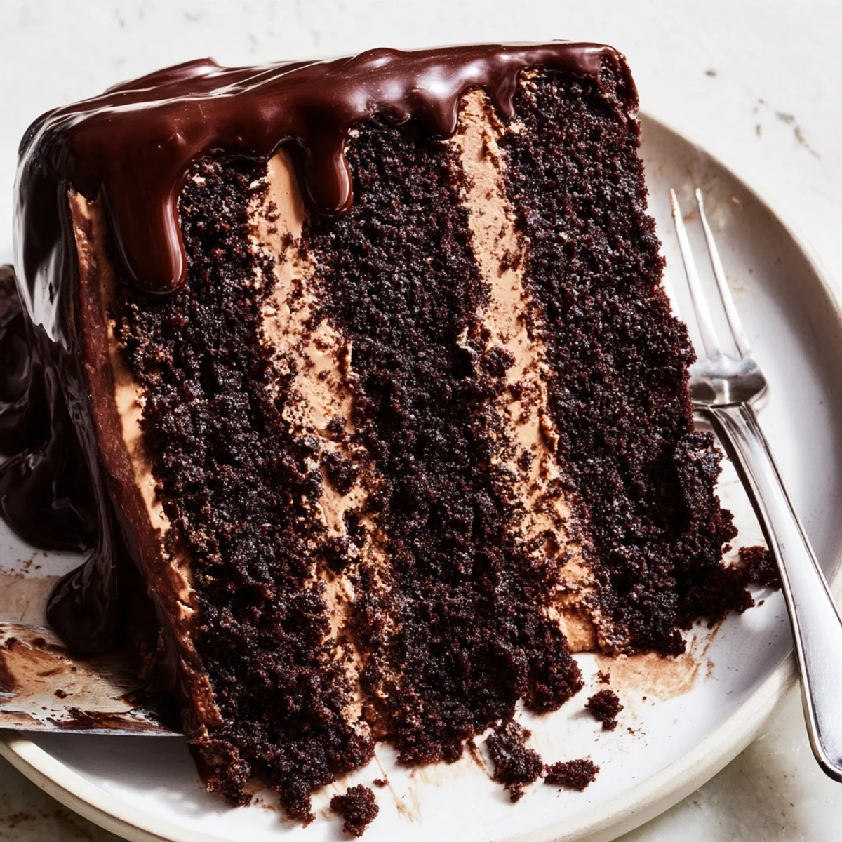 Decadent Triple Matilda Chocolate cake with creamy frosting and smooth ganache, plated on a marble counter for a dramatic effect.