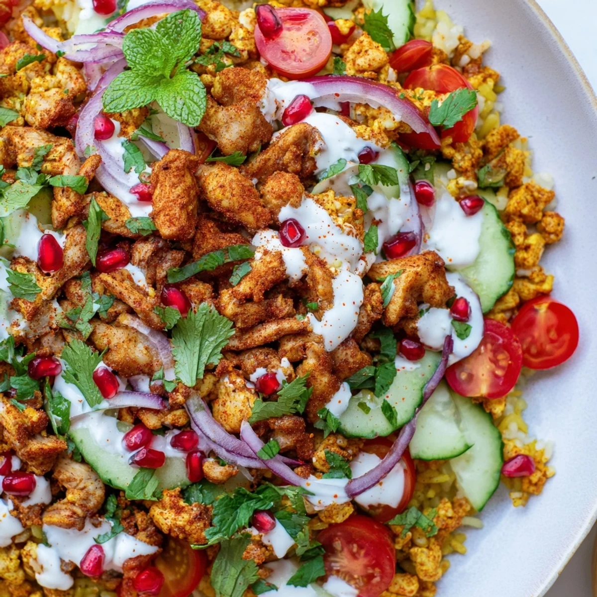 Savory chicken shawarma crispy rice salad with creamy yogurt-tahini dressing and fresh herbs.