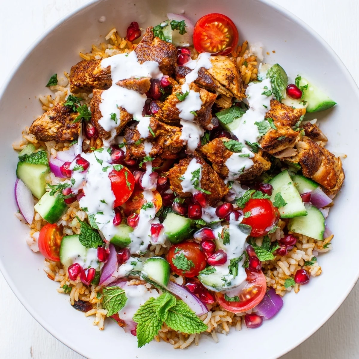 Plated chicken shawarma crispy rice salad with crunchy rice and vibrant vegetables.