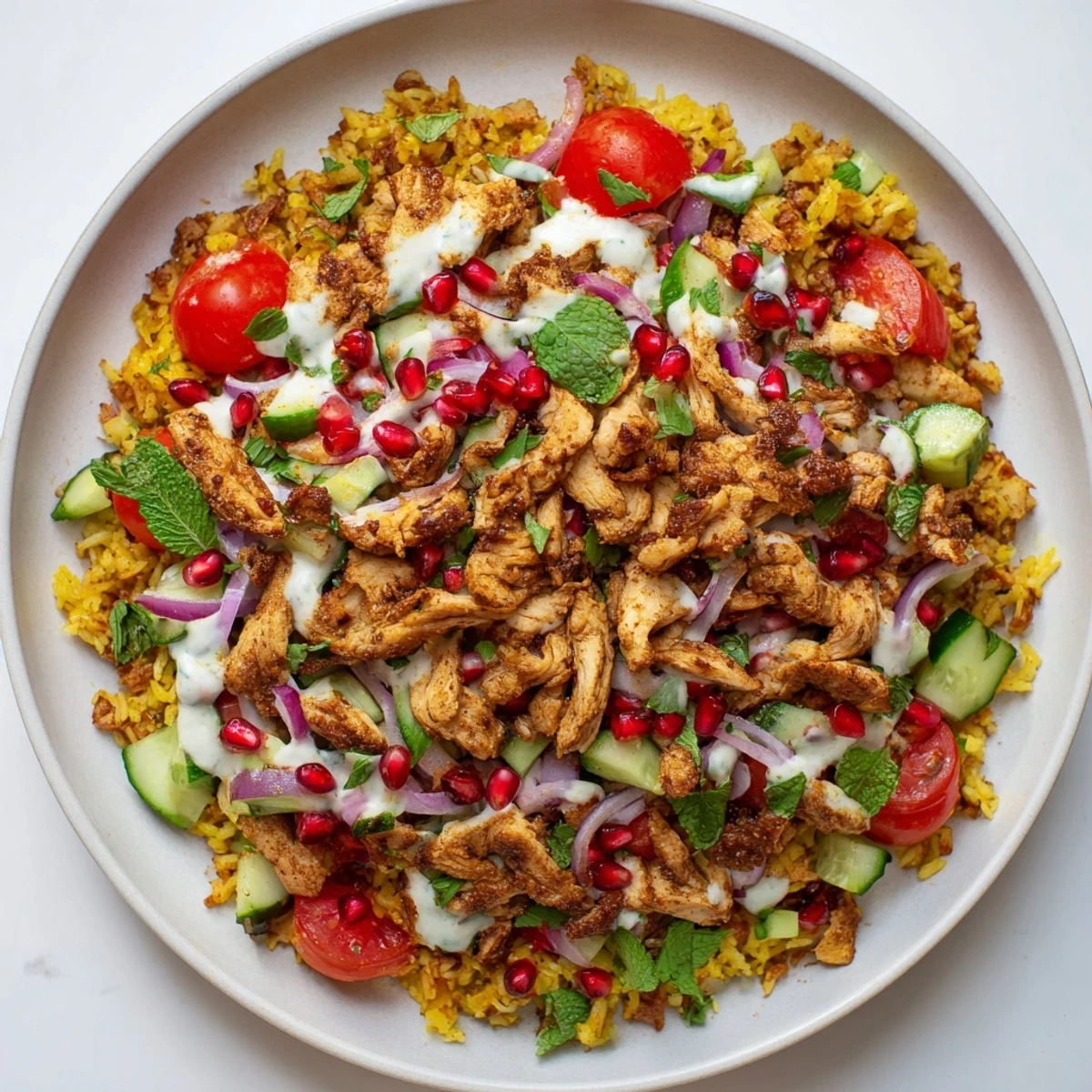 Colorful bowl of chicken shawarma crispy rice salad topped with pomegranate seeds.