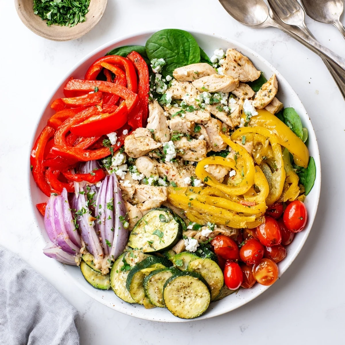 Steaming Mediterranean Chicken Stir Fry with colorful peppers, zucchini, and tender chicken in a skillet.