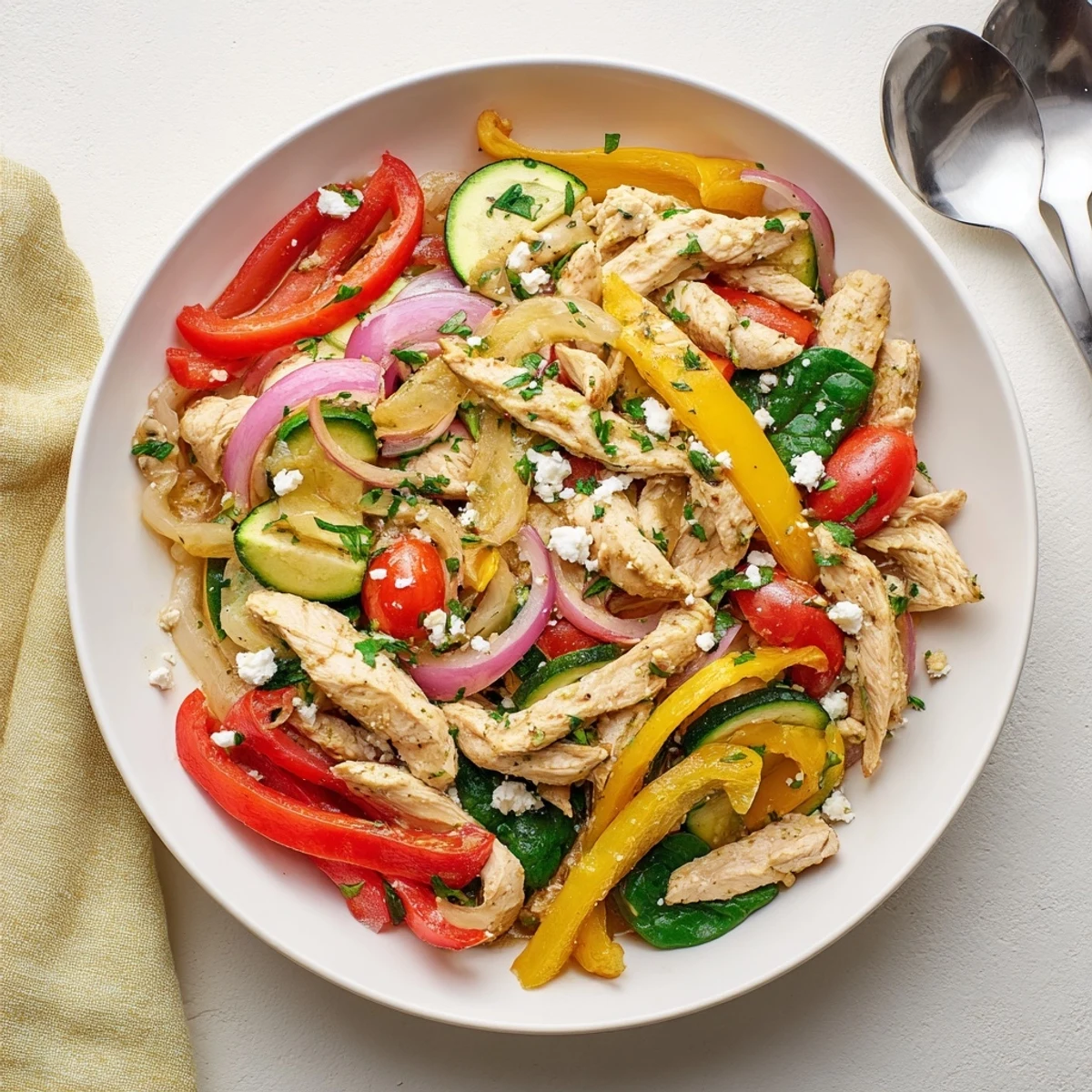 Vivid Mediterranean Chicken Stir Fry sizzling in a wok with spinach, tomatoes, and bright lemon zest.