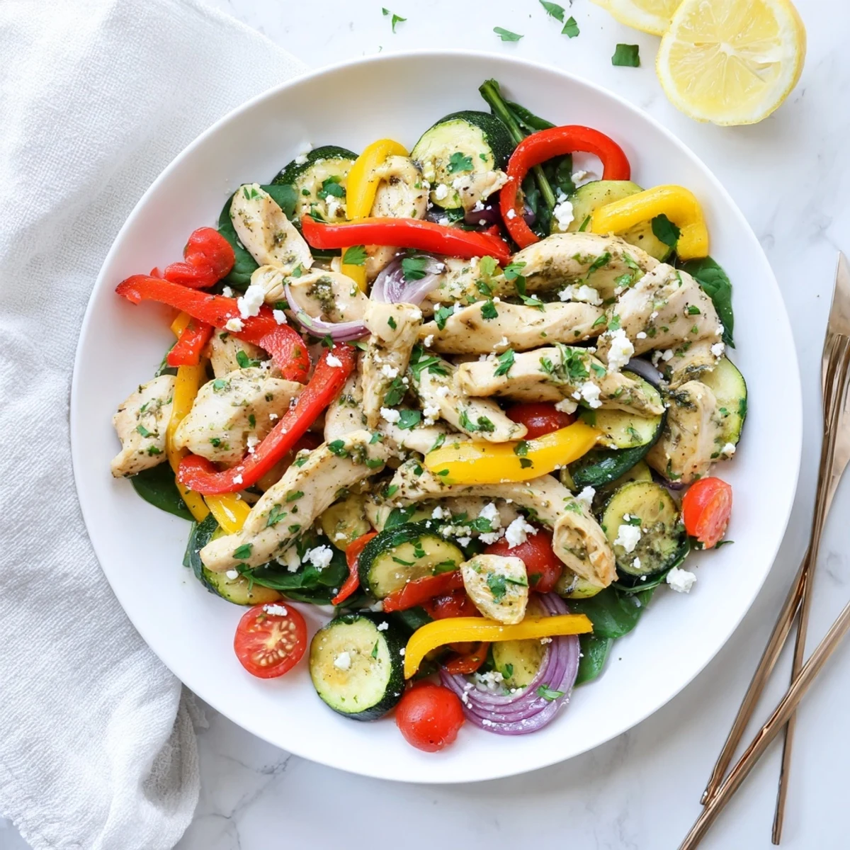 Fragrant Mediterranean Chicken Stir Fry served over fluffy quinoa, garnished with fresh parsley and feta.