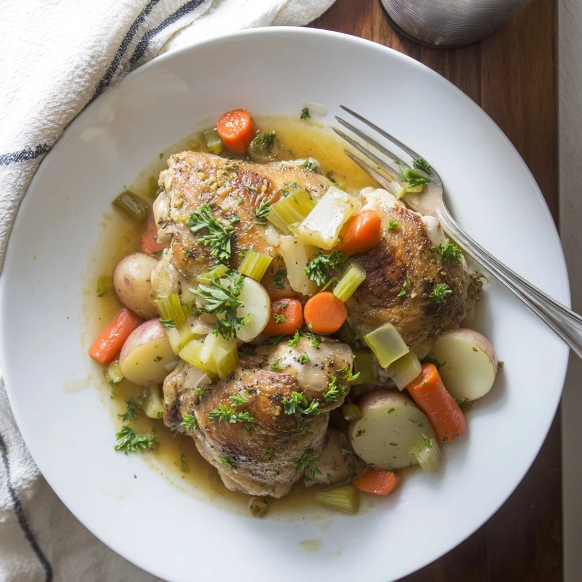 Tender Healthy Savory Slow Cooker Chicken served with carrots and potatoes in a rich, savory sauce for dinner.