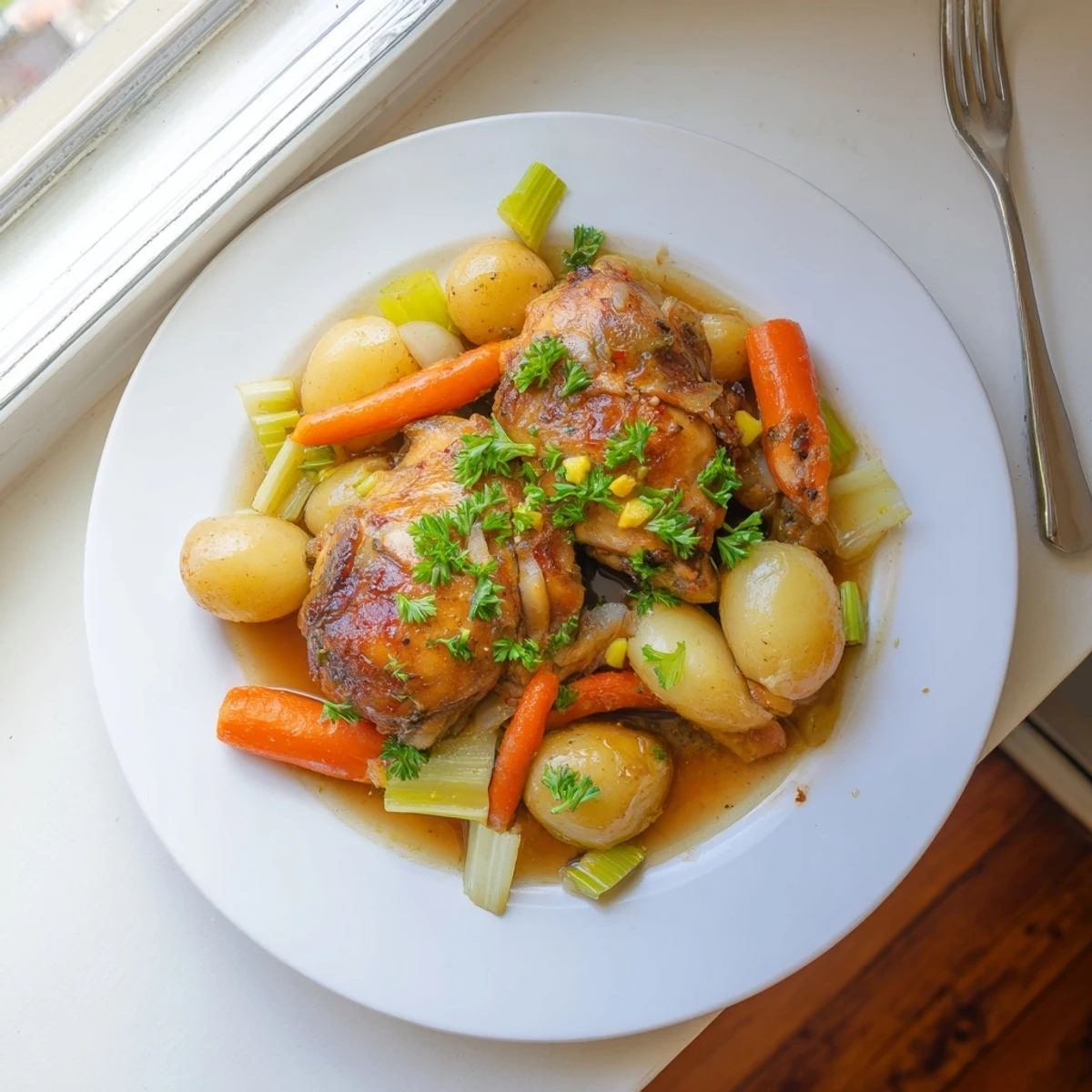 Juicy Healthy Savory Slow Cooker Chicken thighs in a crockpot with herbs, vegetables, and fresh parsley garnish.