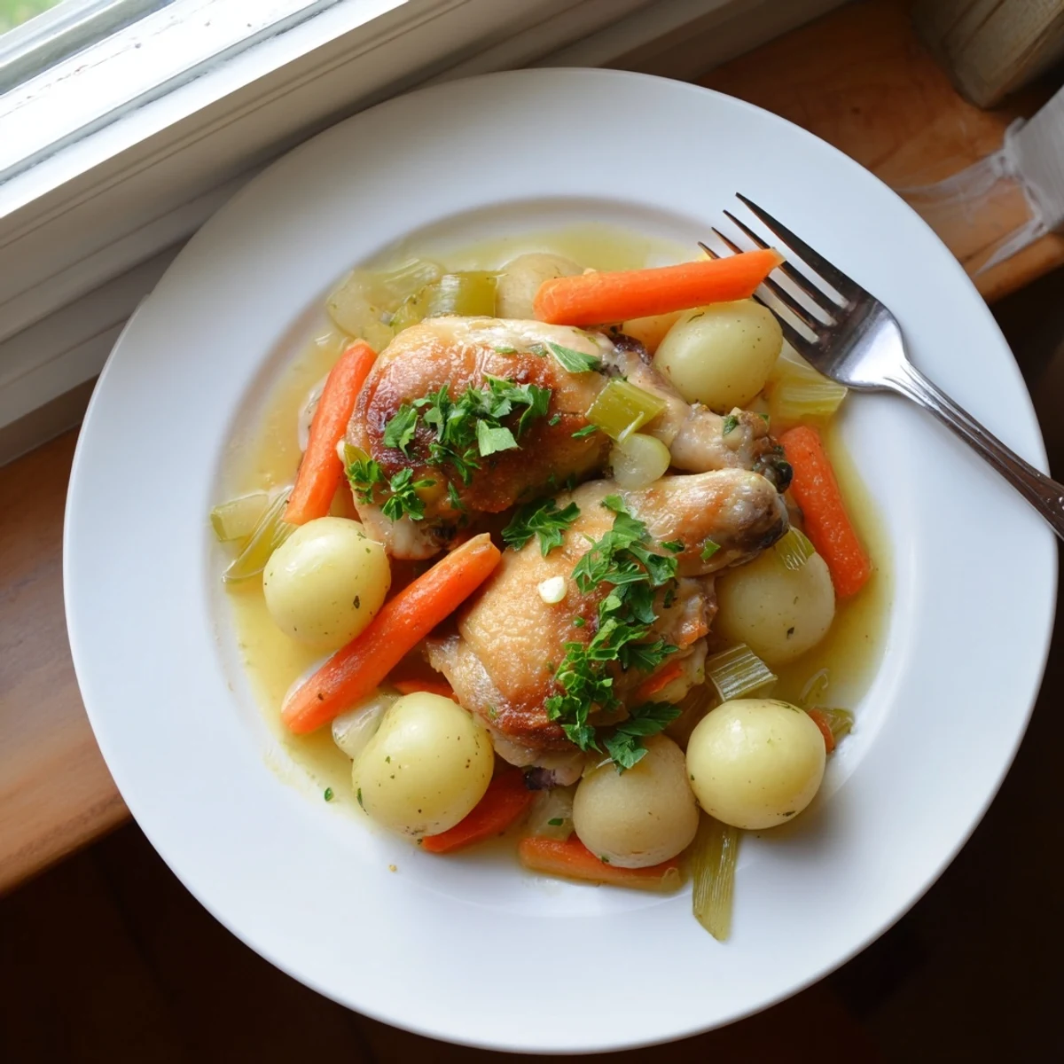 Healthy Savory Slow Cooker Chicken plated with baby potatoes and carrots, topped with parsley, ready for a family meal.