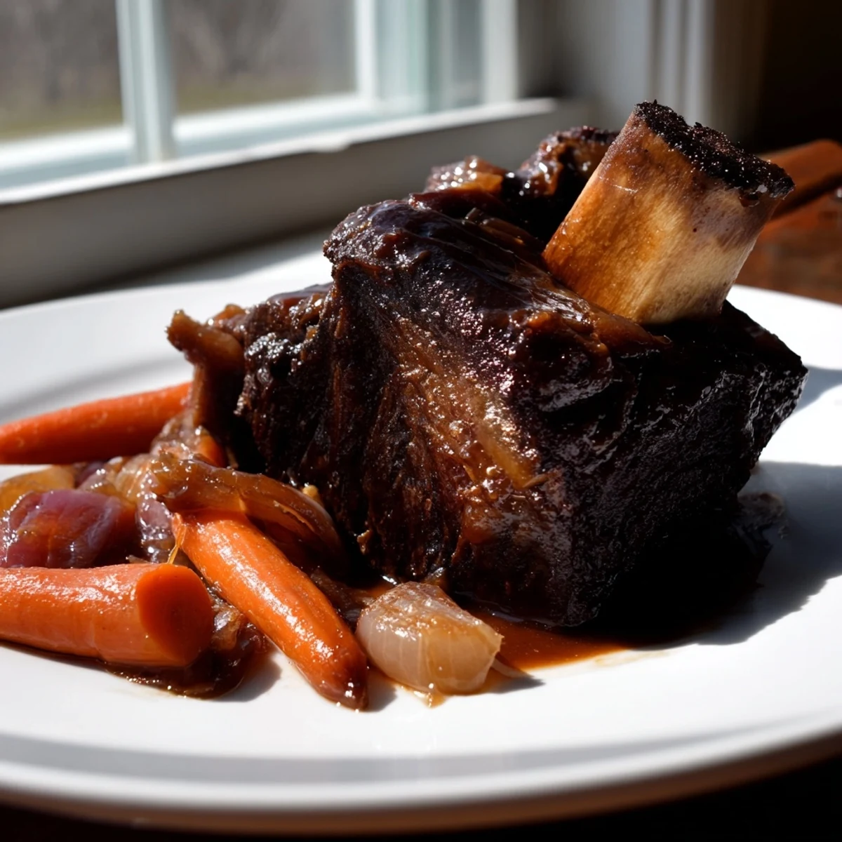 Maple Bourbon Glazed Short Ribs on a platter with a rich, sticky glaze and fresh herb garnish.